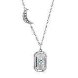 Moon with white diamonds + rectangular pendant necklace with holes and blue diamonds 44+5cm