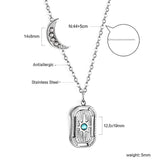 Moon with white diamonds + rectangular pendant necklace with holes and blue diamonds 44+5cm