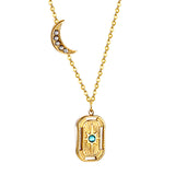 Moon with white diamonds + rectangular pendant necklace with holes and blue diamonds 44+5cm