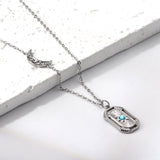 Moon with white diamonds + rectangular pendant necklace with holes and blue diamonds 44+5cm