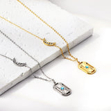 Moon with white diamonds + rectangular pendant necklace with holes and blue diamonds 44+5cm