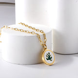 Round White Shell with Green Leaf Pendant Necklace 45+5cm