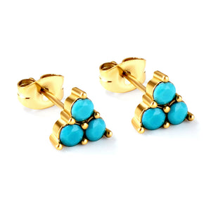 Triangle with three blue beads earrings 18k Gold