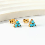 Triangle with three blue beads earrings 18k Gold