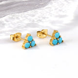 Triangle with three blue beads earrings 18k Gold