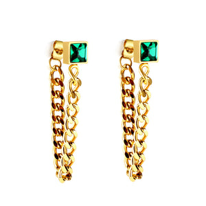 Aretes cuadrados de diamantes verdes con cadena a juego en oro de 18 k