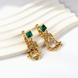 Square green diamond stud earrings with matching chain 18k gold