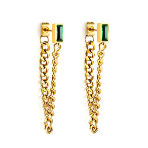 Rectangular green diamond earrings with matching chain 18K gold