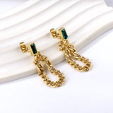 Rectangular green diamond earrings with matching chain 18K gold