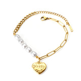 HAPPY heart accessory bracelet with white pearls 17+5cm gold color