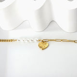 HAPPY heart accessory bracelet with white pearls 17+5cm gold color