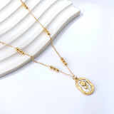 Long Oval Rose with White Shell Pendant 3 Bead Chain Necklace 44+5cm Golden