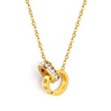 Double Circle Pendant with Diamonds + Roman Numerals Necklace 44+5cm Gold Color