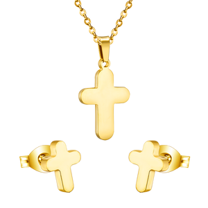 Gold/Steel Smooth Cross Jewelry Set