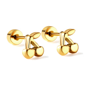 Gold coloured screw-in cherry stud earrings