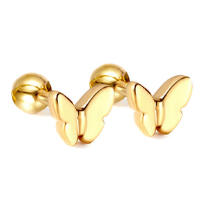 Gold coloured steel ball screw-in butterfly earrings