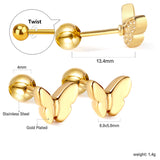 Gold coloured steel ball screw-in butterfly earrings