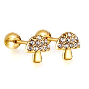 Gold coloured steel ball screw-in mushroom stud earrings with white diamonds