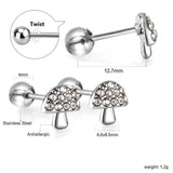 Gold coloured steel ball screw-in mushroom stud earrings with white diamonds