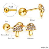 Gold coloured steel ball screw-in mushroom stud earrings with white diamonds