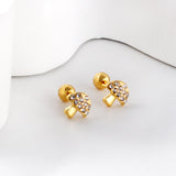 Gold coloured steel ball screw-in mushroom stud earrings with white diamonds