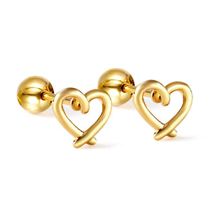 Gold coloured steel beads and screws heart cut-out earrings