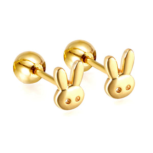 Gold coloured steel ball screw-in rabbit head stud earrings