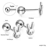 Gold coloured steel ball screw-in rabbit head stud earrings