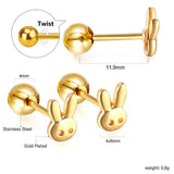 Gold coloured steel ball screw-in rabbit head stud earrings