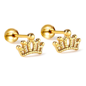 Gold coloured steel ball screw-in crown stud earrings