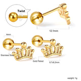 Gold coloured steel ball screw-in crown stud earrings