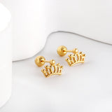 Gold coloured steel ball screw-in crown stud earrings