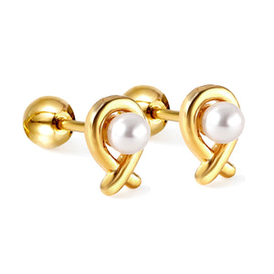 Gold coloured steel ball screw back fish shaped stud earrings with white pearls