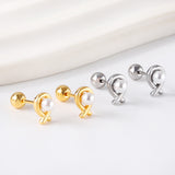 Gold coloured steel ball screw back fish shaped stud earrings with white pearls