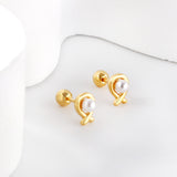 Gold coloured steel ball screw back fish shaped stud earrings with white pearls