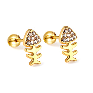 Gold coloured steel bead screw plug fishbone with white diamonds stud earrings