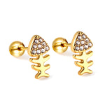 Gold coloured steel bead screw plug fishbone with white diamonds stud earrings