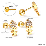 Gold coloured steel bead screw plug fishbone with white diamonds stud earrings