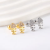 Gold coloured steel bead screw plug fishbone with white diamonds stud earrings