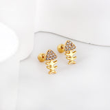 Gold coloured steel bead screw plug fishbone with white diamonds stud earrings