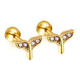 Gold coloured steel ball screw-in crooked star with white diamonds stud earrings