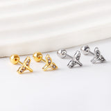 Gold coloured steel ball screw-in crooked star with white diamonds stud earrings