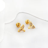 Gold coloured steel ball screw-in crooked star with white diamonds stud earrings