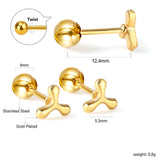 Gold coloured steel ball screw back fan leaf earrings