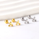 Gold coloured steel ball screw back fan leaf earrings