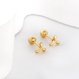 Gold coloured steel ball screw back fan leaf earrings