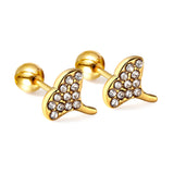 Gold coloured steel ball screw back fan leaf earrings with white diamonds