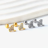 Gold coloured steel ball screw back fan leaf earrings with white diamonds