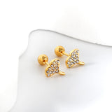 Gold coloured steel ball screw back fan leaf earrings with white diamonds