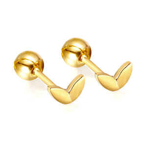 Gold coloured steel ball screw-in leaf stud earrings